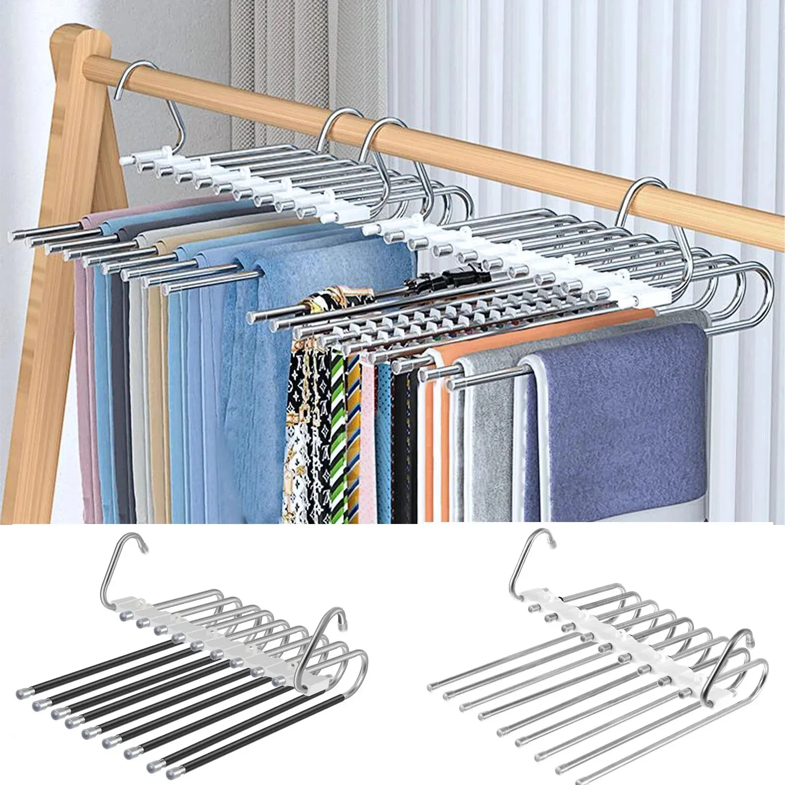 Stainless Steel Clothes Hangers,9 Layers Space Saving Pants Rack