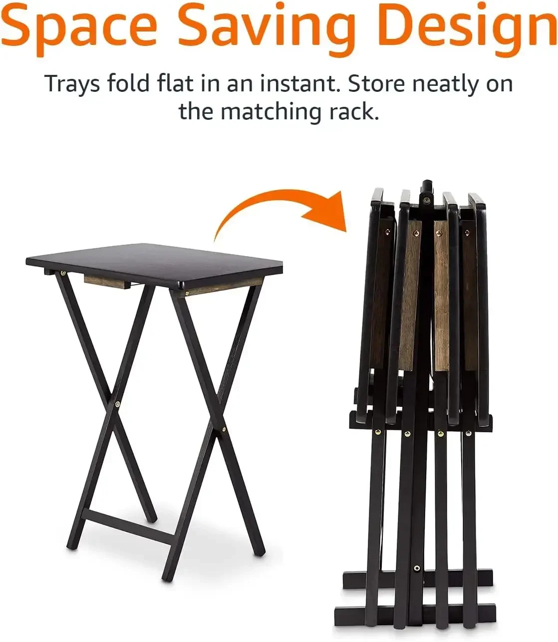 Classic Black TV Dinner Folding Tray Tables with Storage Rack – Set of 4, 15" x 19" x 26" 6