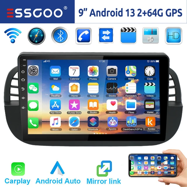 ESSGOO sans fil Apple Carplay Android Auto pour Fiat 500 2007-2015 9 "Android 13 64G voiture stéréo GPS WIFI RDS Bluetooth FM EQ USB 1