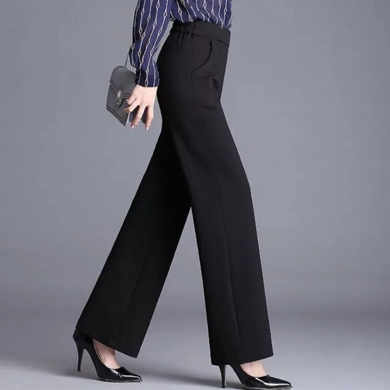 Women's Spring Autumn New Fashion Elegant Solid Pocket Elastic Versatile Commuter Loose High Waist Straight Leg Wide Leg Pants