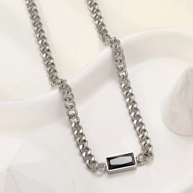 

KouCh Steel Color Cuban Chain Necklace for Men Women Basic Punk Stainless Steel Curb Link Chain Chokers With Square Zirconia