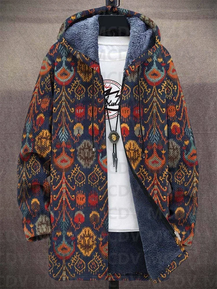 Unisex Vintage Geometry Crystal Gradient Art Casual Print Plush Thick Long-Sleeved Sweater Cardigan Coat