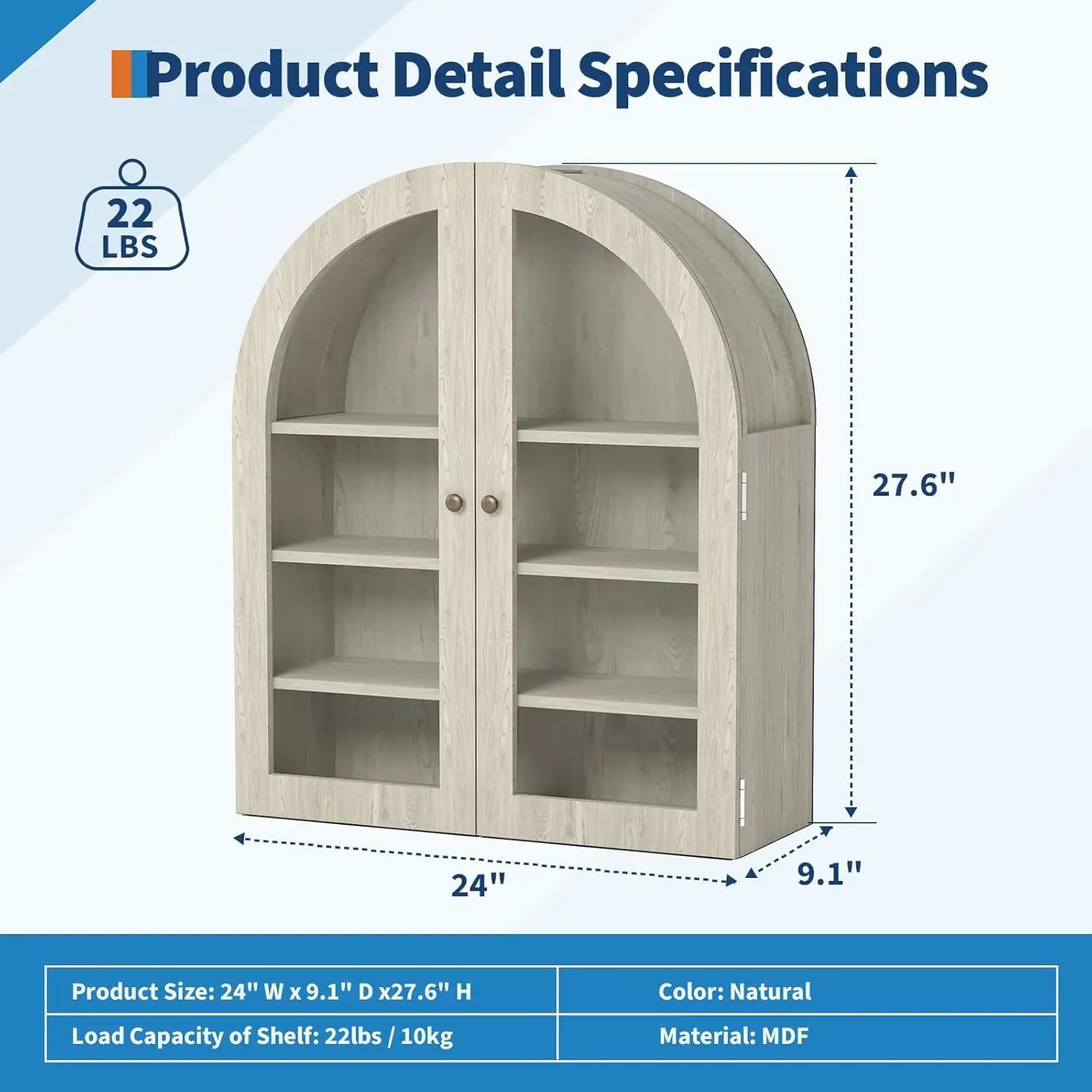 Arched Wall Cabinet with Doors & Adjustable Shelf, Modern Wood Medicine Cabinet, Wall Mounted Storage Cabinet