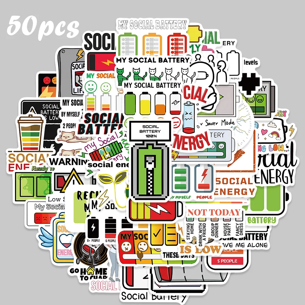 

50pcs Social Battery Stickers Low Energy Mode Sticker Waterproof DIY Pack for Skateboard Laptop Scrapbook Notebook Diary Decal