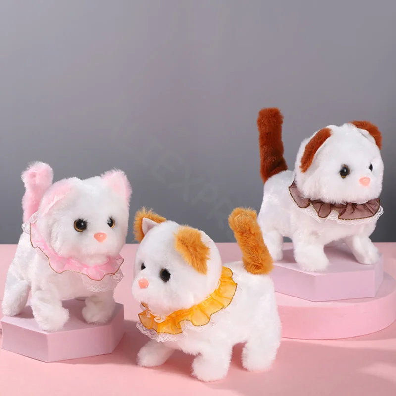 Cute Simulated Collar Lace Kitten Plush Toy Electronic Stuffed Doll Toy Walking Tail Wagging Head Shaking For Kids Birthday Gift