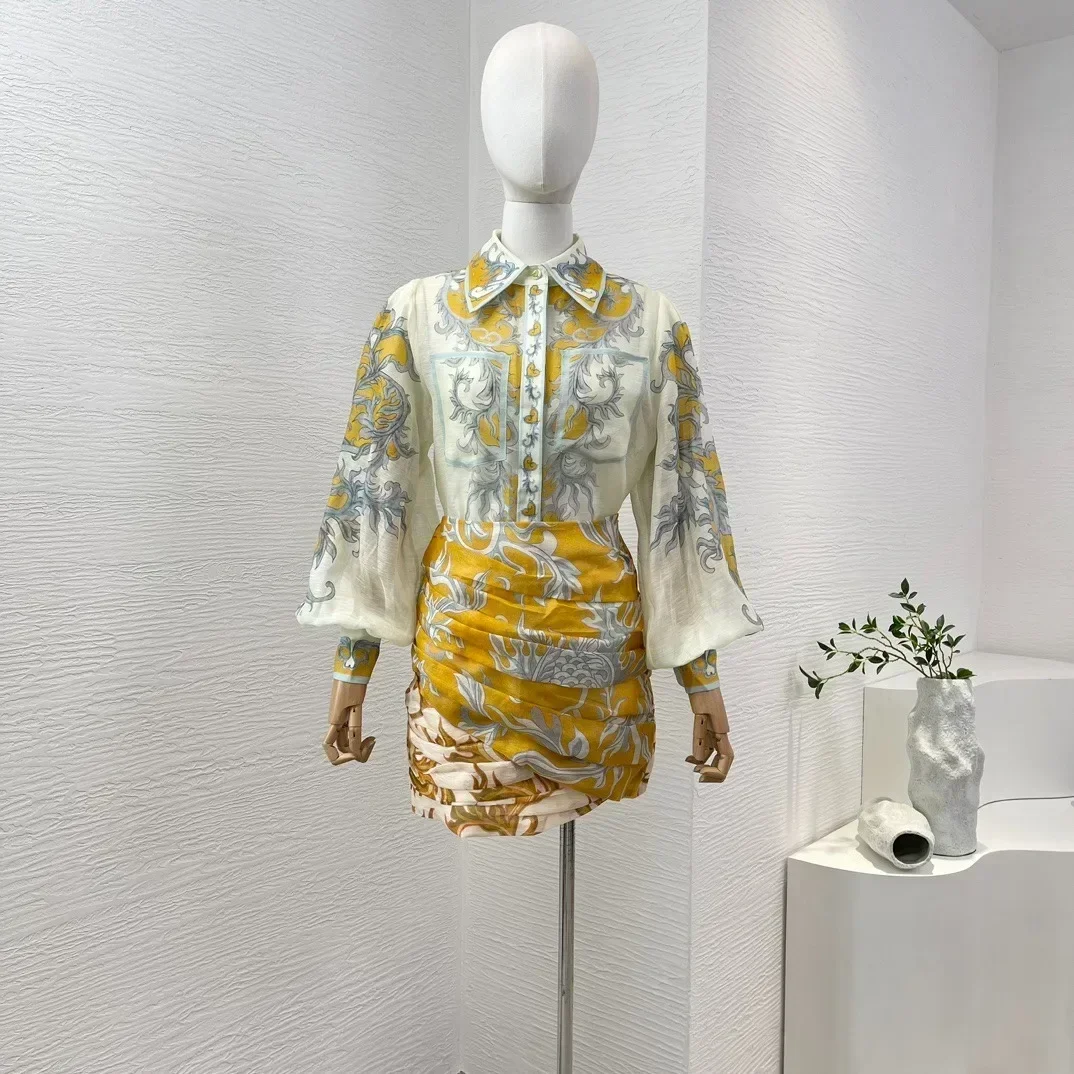 

Silk Linen Summer 2024 High Quality Position Floral Print Long Lantern Sleeve Blouse and Folds Skirt Women Vintage Sets