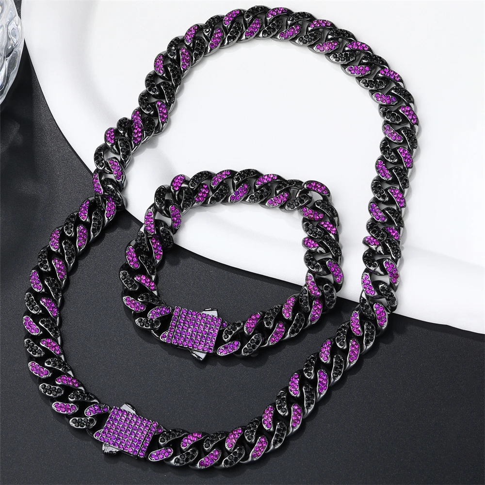 13MM Cuban Link Chain 2Row Purple Iced Out Rhinestones