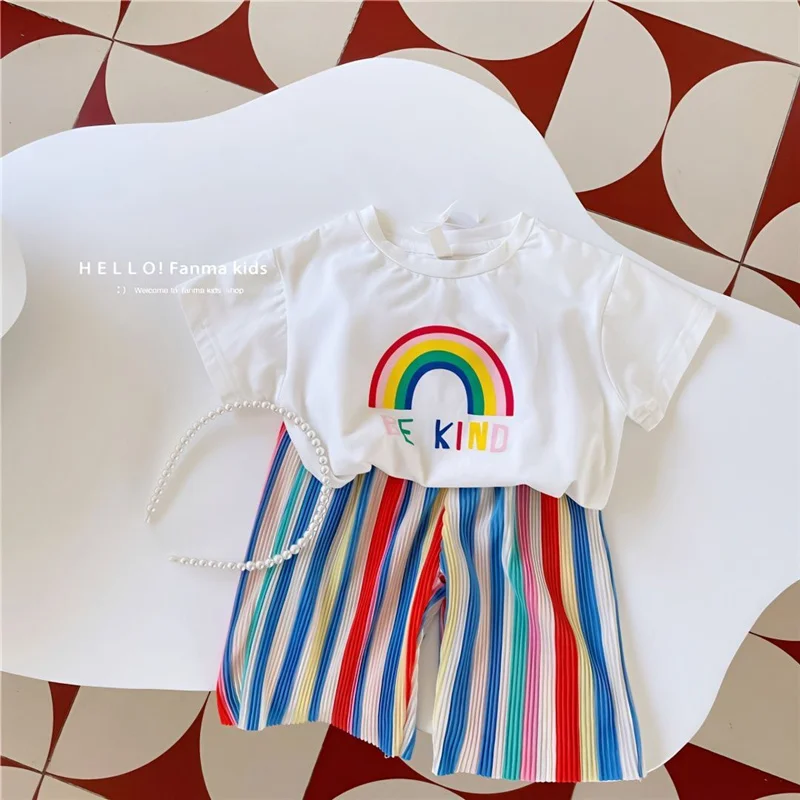 Girls T-shirt Sets Summer Children Clothing Suits Kids Rainbow Print Short Sleeve Outfits Teen Thin Tops+Pants 2Pcs 2-8 Years - 4