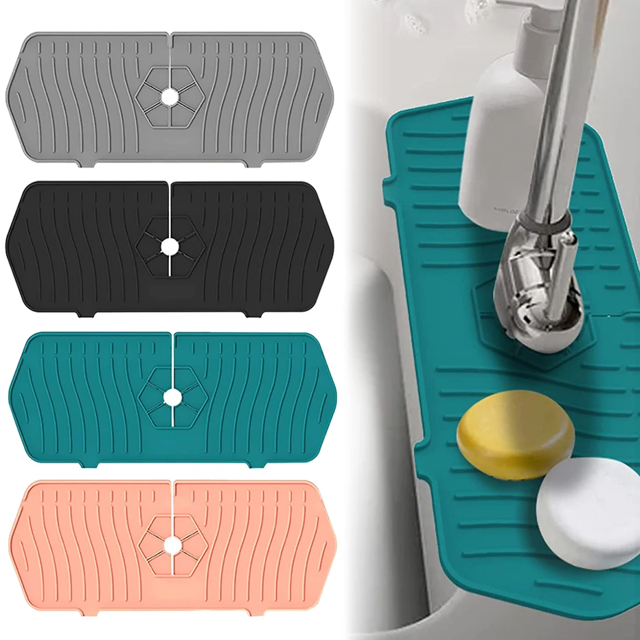 

Silicone Water Splash Guard Kitchen Bathroom Faucet Drip Protector Sink Draining Pad Behind Faucet Sponge Soap Drying Tray