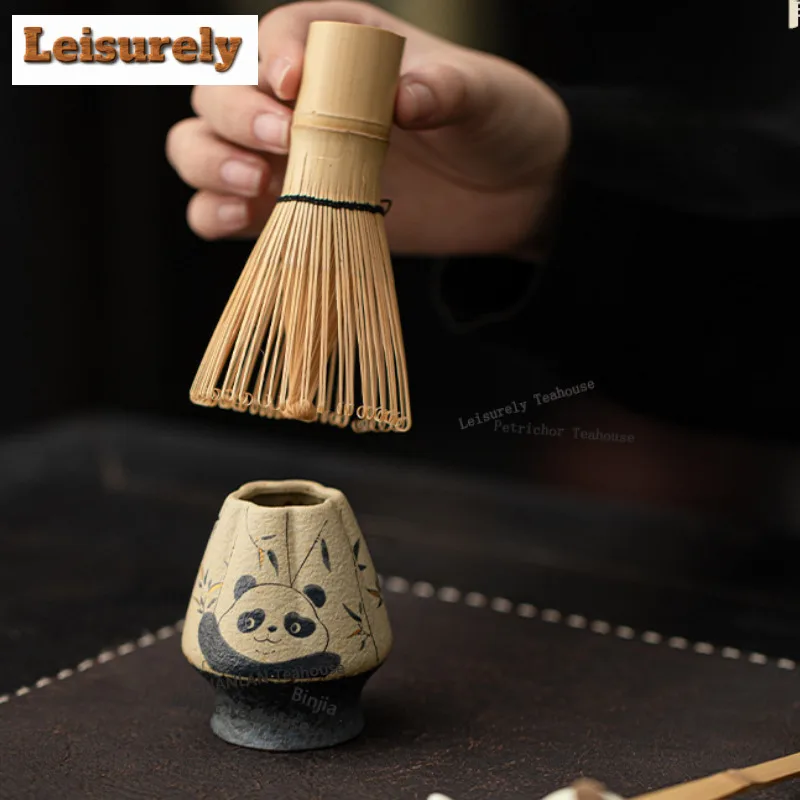 Firestone Red Matcha Eight-piece Set With Gold-emed Panda Ceramic Tea Bowl, Whisk Stand, Baibenli,ornaments Accessories Supplies