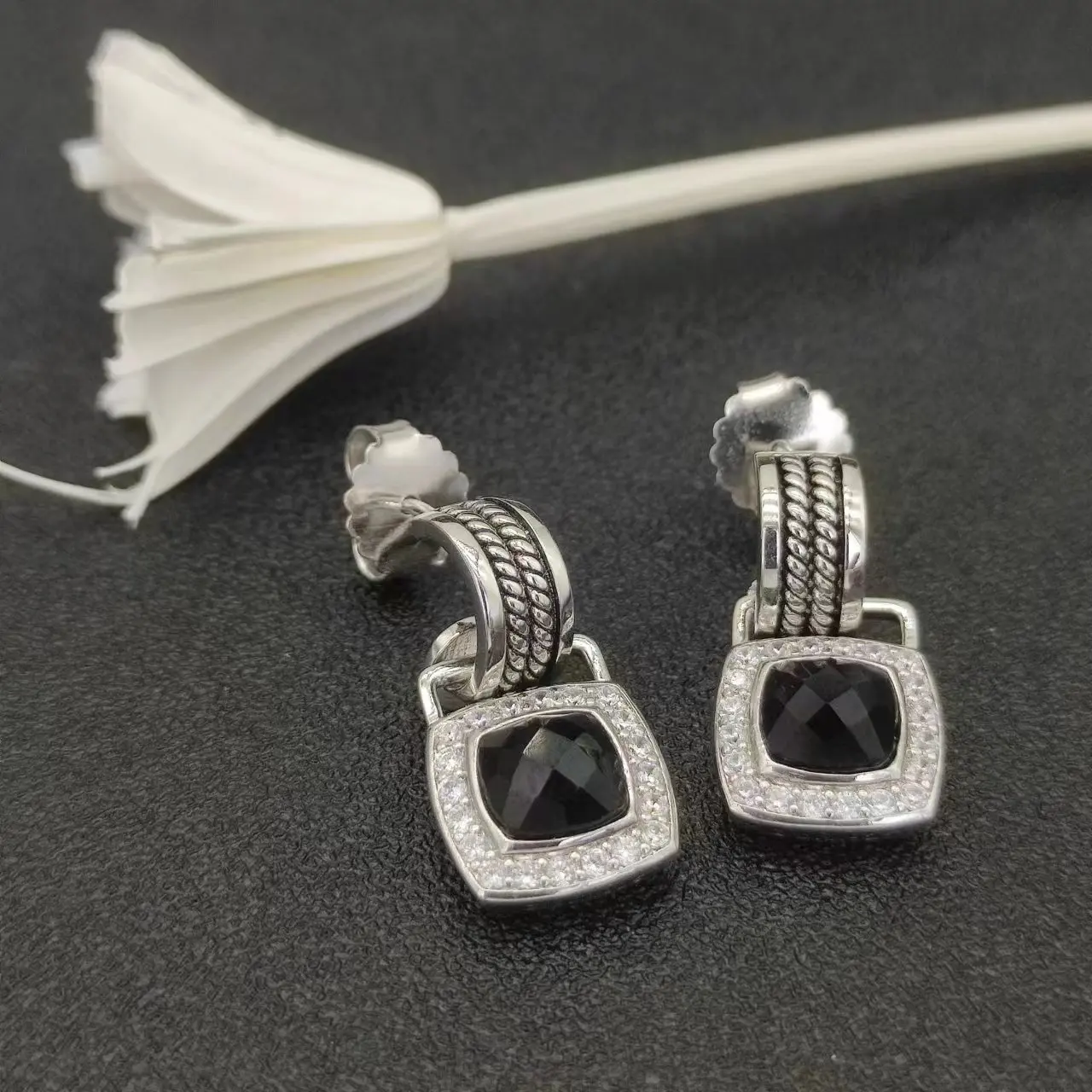 HSC DY Cable Classics Tetragonal Stone Earrings in Sterling Silver With Amethyst and Pave Diamonds Jewelers