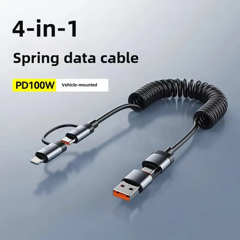 100W Dual Drag Spring Data Cable USB Type C For iPhone 15 Huawei 6A Extendable Four-In-One USB C Fast Charging Cord