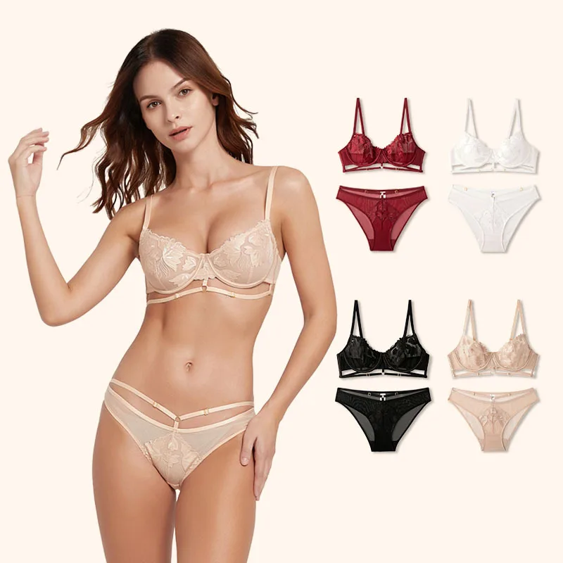 

Sexy Lace Embroidery Bra Set for Women, Beautiful Back Bra, Large Chest Show, Small Gathering, Ultra Thin Underwear