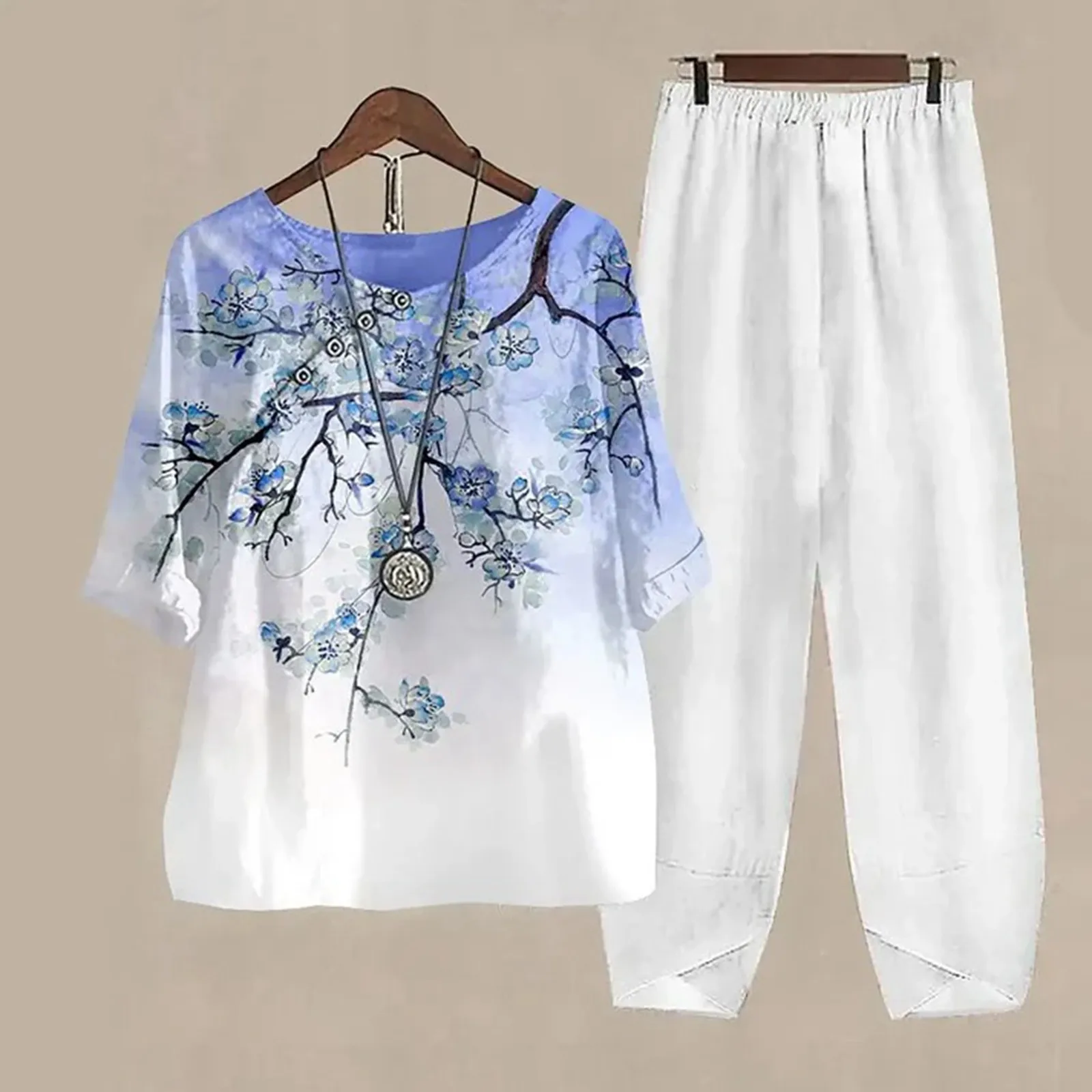 Women Spring And Summer Fashionable And Casual Floral Print Three Quarter Sleeve Trousers Suit Pants Outfits for Women