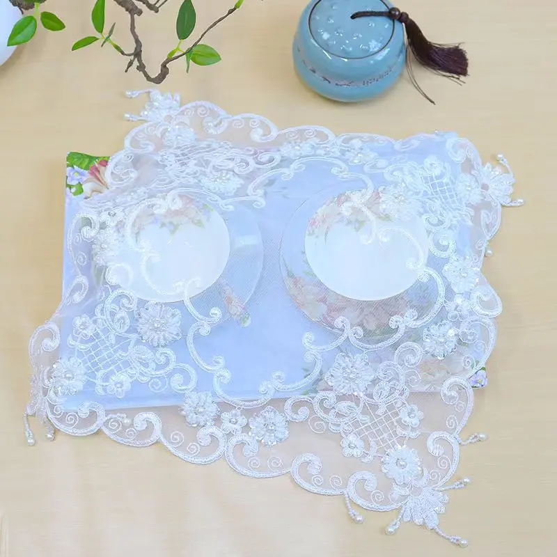 

HOT White beads flowers Embroidery table cloth cover wedding tea tablecloth kitchen Christmas Table decoration and accessories