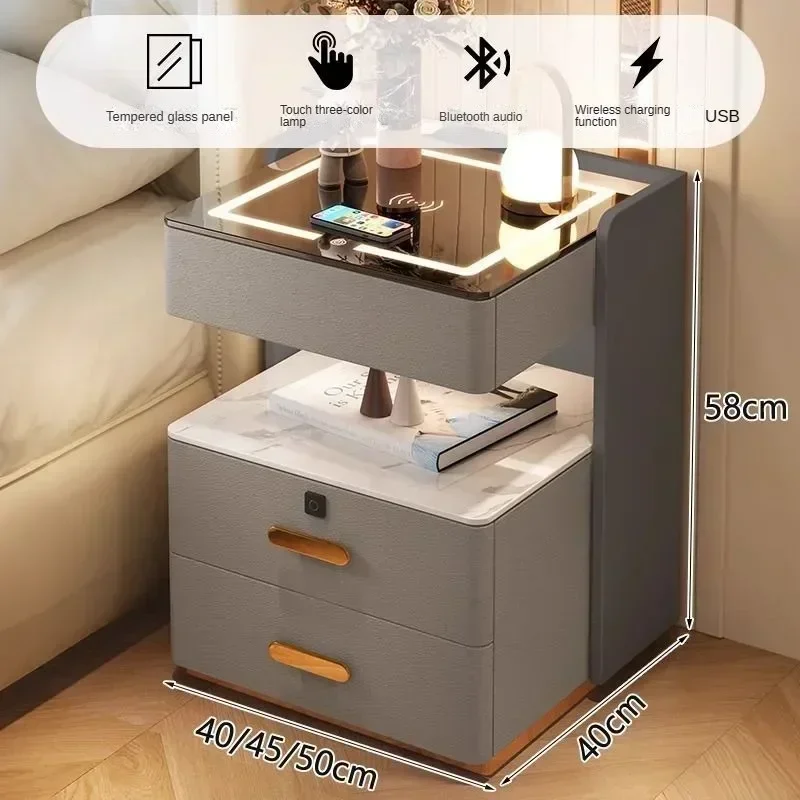 Mesita de noche inteligente, sencilla y moderna, dormitorio doméstico de tres cajones, almacenamiento junto a la cama, gabinete de almacenamiento de madera maciza, mesita de noche