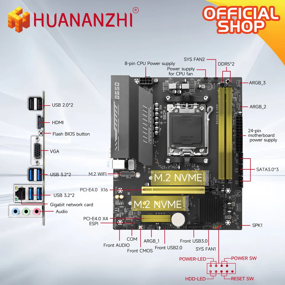 HUANANZHI B650M B PRO AMD AM5 Motherboard Supports Ryzen R5 R7