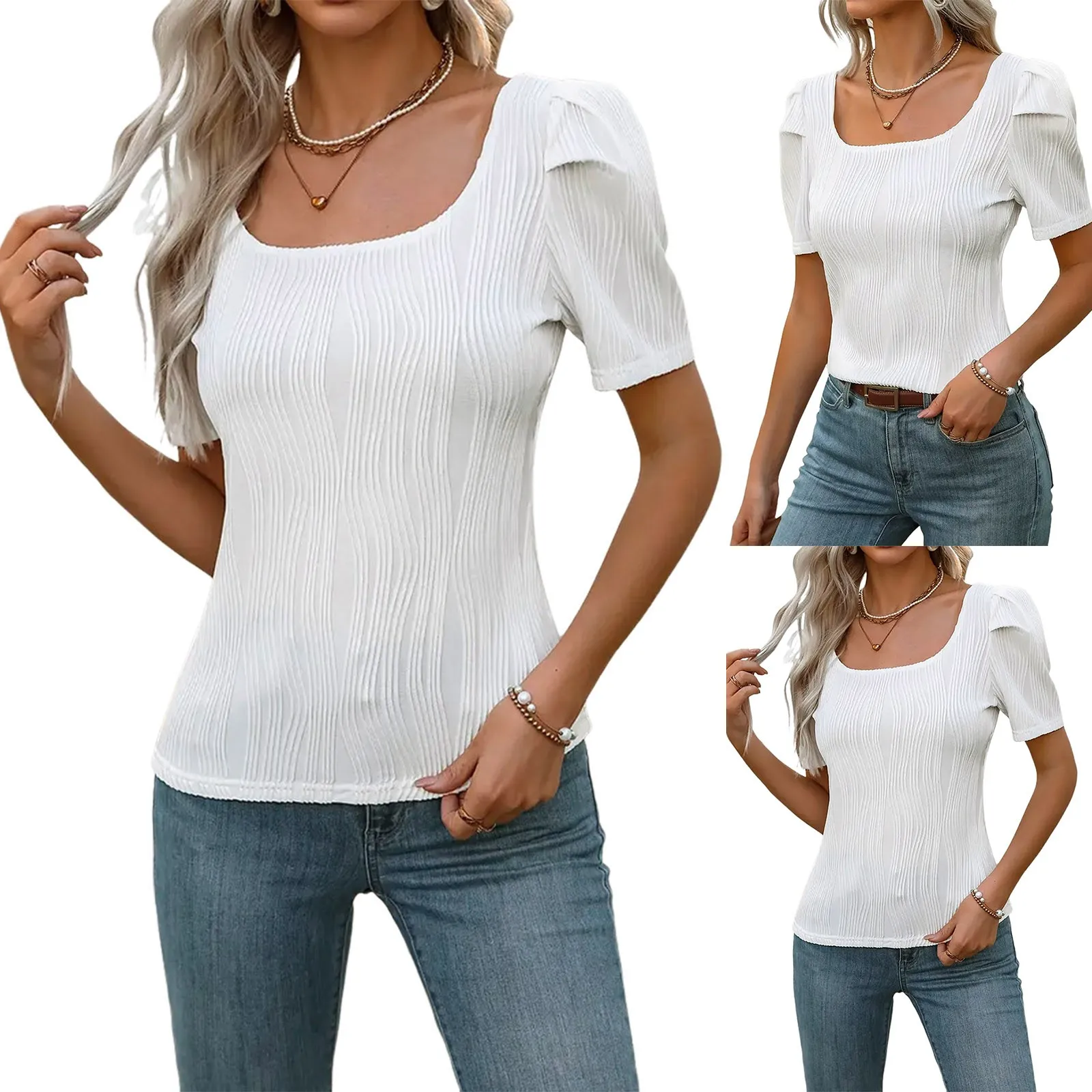 

Women New Summer Style Solid Color U Neck Slim Short Sleeved Top T Shirt