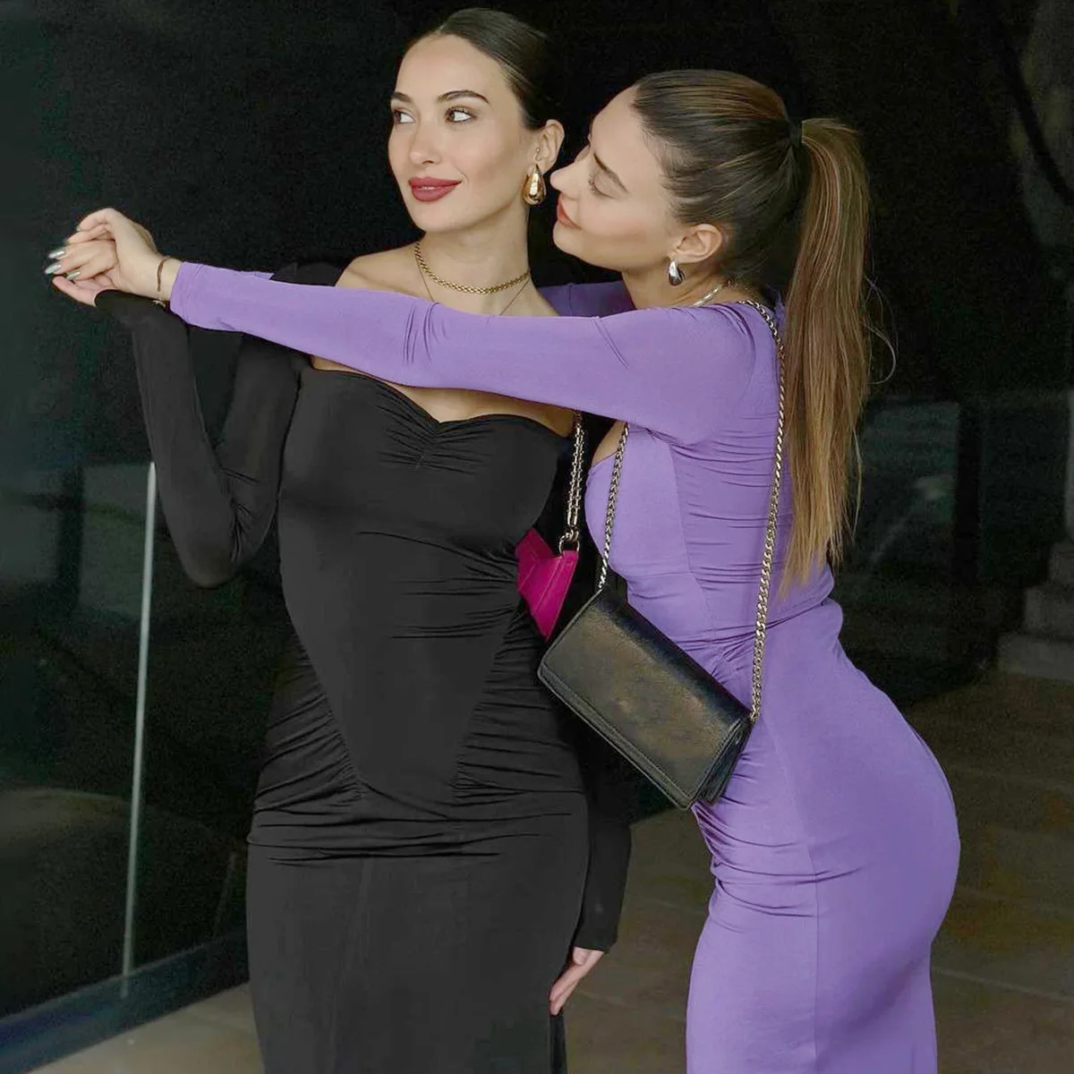 2025 Elegant Long Sleeve Party Dresses Sexy High Waist Slim Fit Women's Evening Dress Fashion Solid Color Pleated Long Dresses