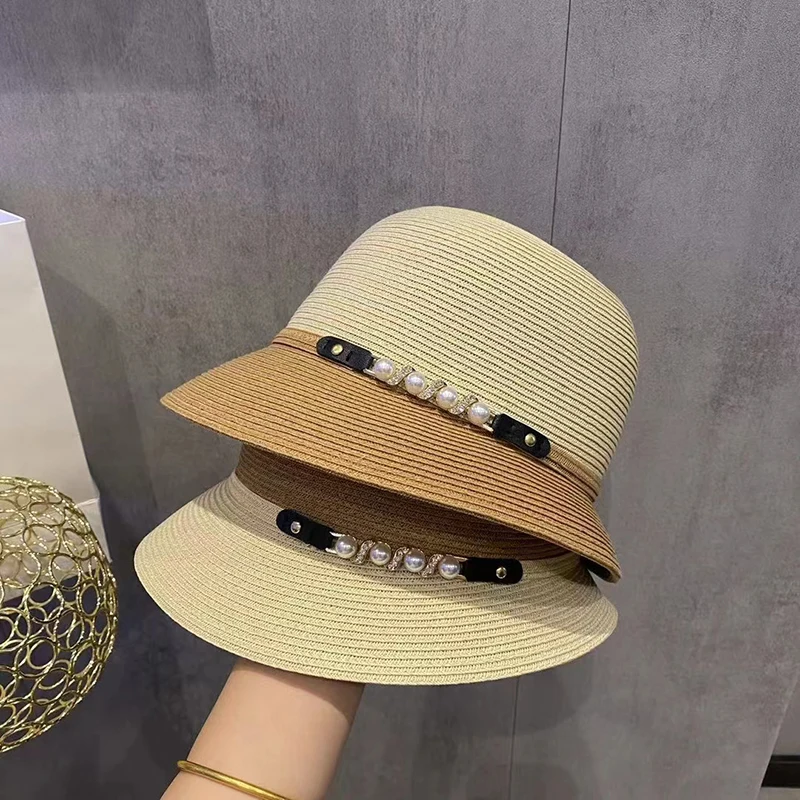 

Retro Hepburn Straw Hat Female Summer Bucket Cap Sun Protection Shade Travel Vacation Leisure Panama Beach Hat Pearl Accessory