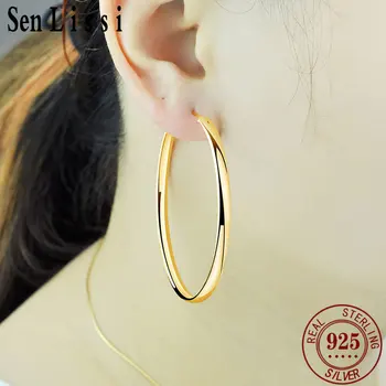 Senlissi - New 18K Gold Plated Hoop Earrings For Women 925 Sterling Silver 3.0mm Fashion Earring Cерьги Kольца 3/4/5/6/7CM