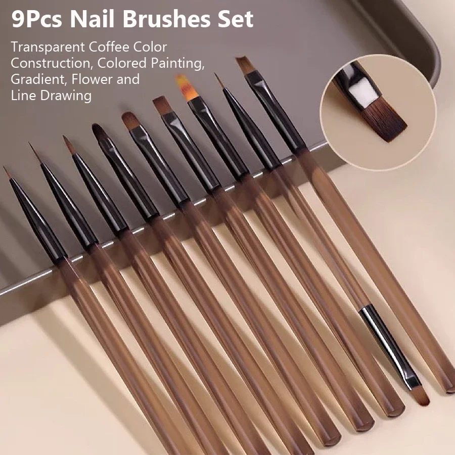 9Pcs Nail Brushes Set Fine Line Painting Detail Work Pens Stylish Brown Handles Gel Nail Art Tool Kit for Professional & Home Use