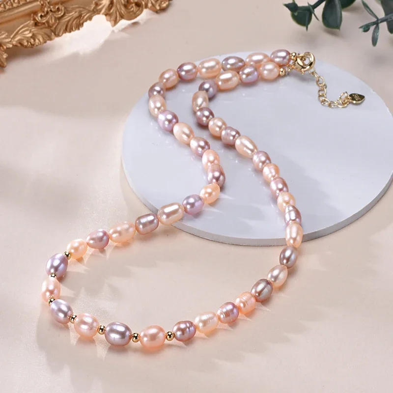 2264218-21813f.jpg S5e0fd96611354606b4738ac25682a332w 6-7mm Rice Shape Freshwater White Pink Purple Mixed Color Pearl Necklace 925 Sterling Silver Jewelry for Women Girls Mallzona