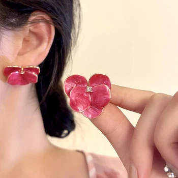 Red Blue Enamel Flower Stud Earrings For Women Korean Fashion Five Petals Crystal Flowered Lovely Cute Girls Ear Decoration 2025