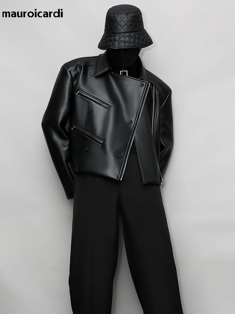 Mauroicardi 남성용 오버사이즈 쿨 PU 가죽 재킷, 긴 소매 스탠드 칼라, 고품질 럭셔리 디자이너 의류, 봄 가을
