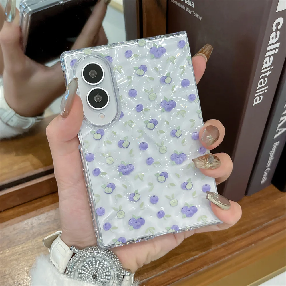 Cute Purple Blueberry Print Wavy Glitter Clear Phone Case with Pearl Wrist Strap