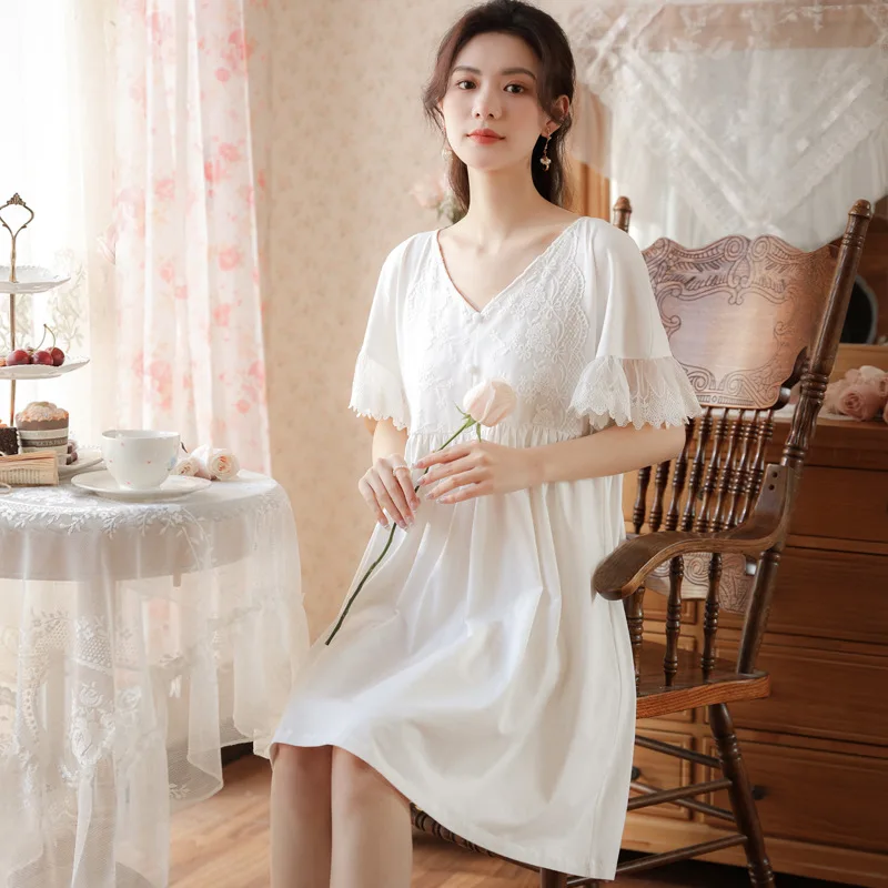 

Women Large Size Night Dress White V-neck Cotton Nightgown Summer Short Sleeve Knee-Length Nightie Princess Vintage Nightwear