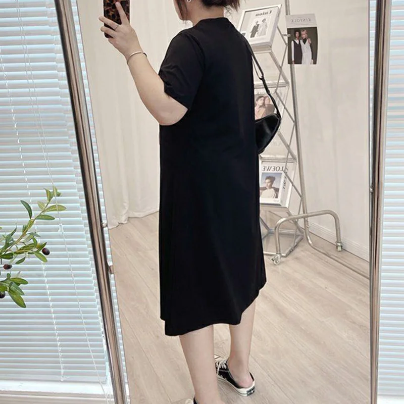 Plus Size Summer Clothes for Women Solid Color Round Neck Side Shirring Short Sleeve Split T-shirt Casual Mid Length Dresses