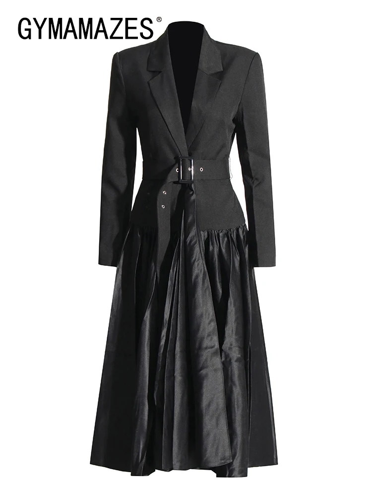 

GYMAMAZES Solid Patchwork Belt Temperament Dress For Women Notched Collar Long Sleeve High Waist Slimming Dersses Female Fashion