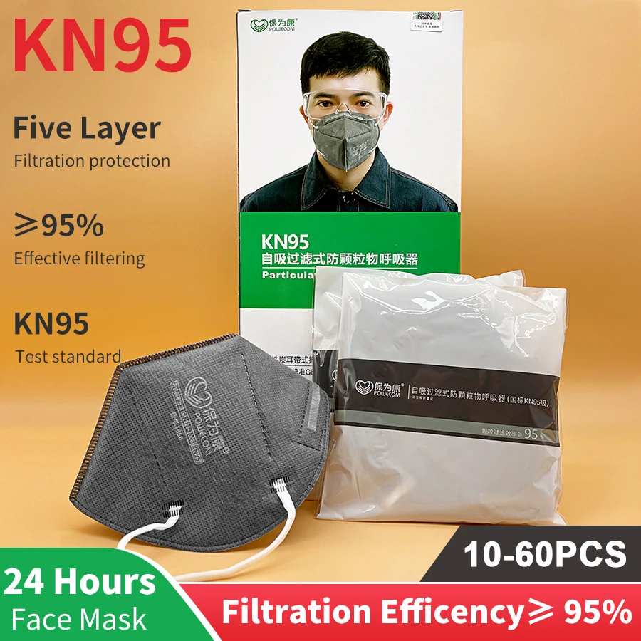 

10-60Pcs Activated Carbon KN95 Face Mask 5-Layers Dust-Proof Mouth Mask Anti-PM2.5 Protective Respirator Non-Reusable Dust Masks