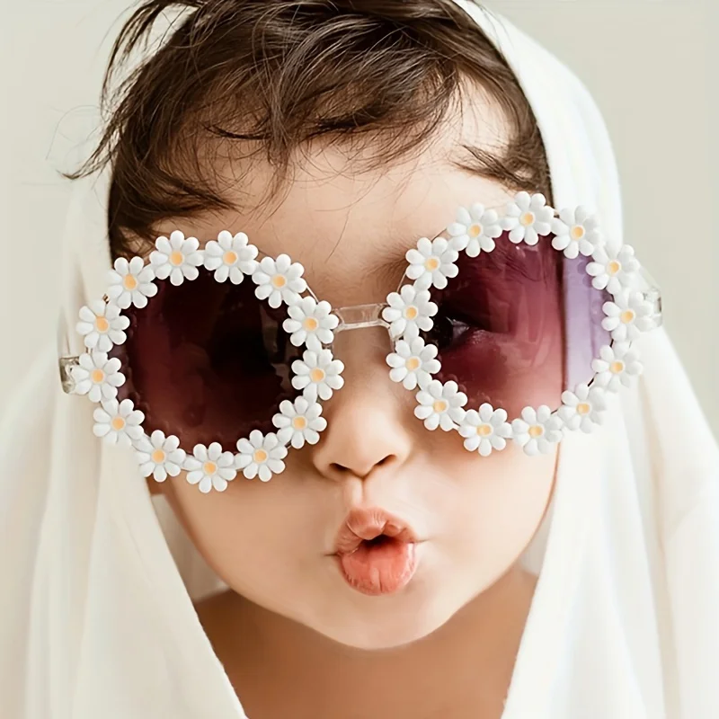 Children's Cute Daisy Charms Round Frame Fashion Glasses, For Boys Girls Holiday Party Outdoor Accessories, Photography Props