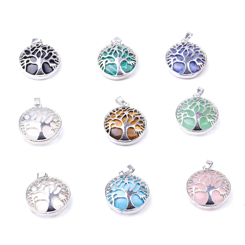 Natural Stone Hollow Tree of Life Pink Tiger's Eye Healing Rose Quartz Crystal Charms Necklaces Jewelry Women