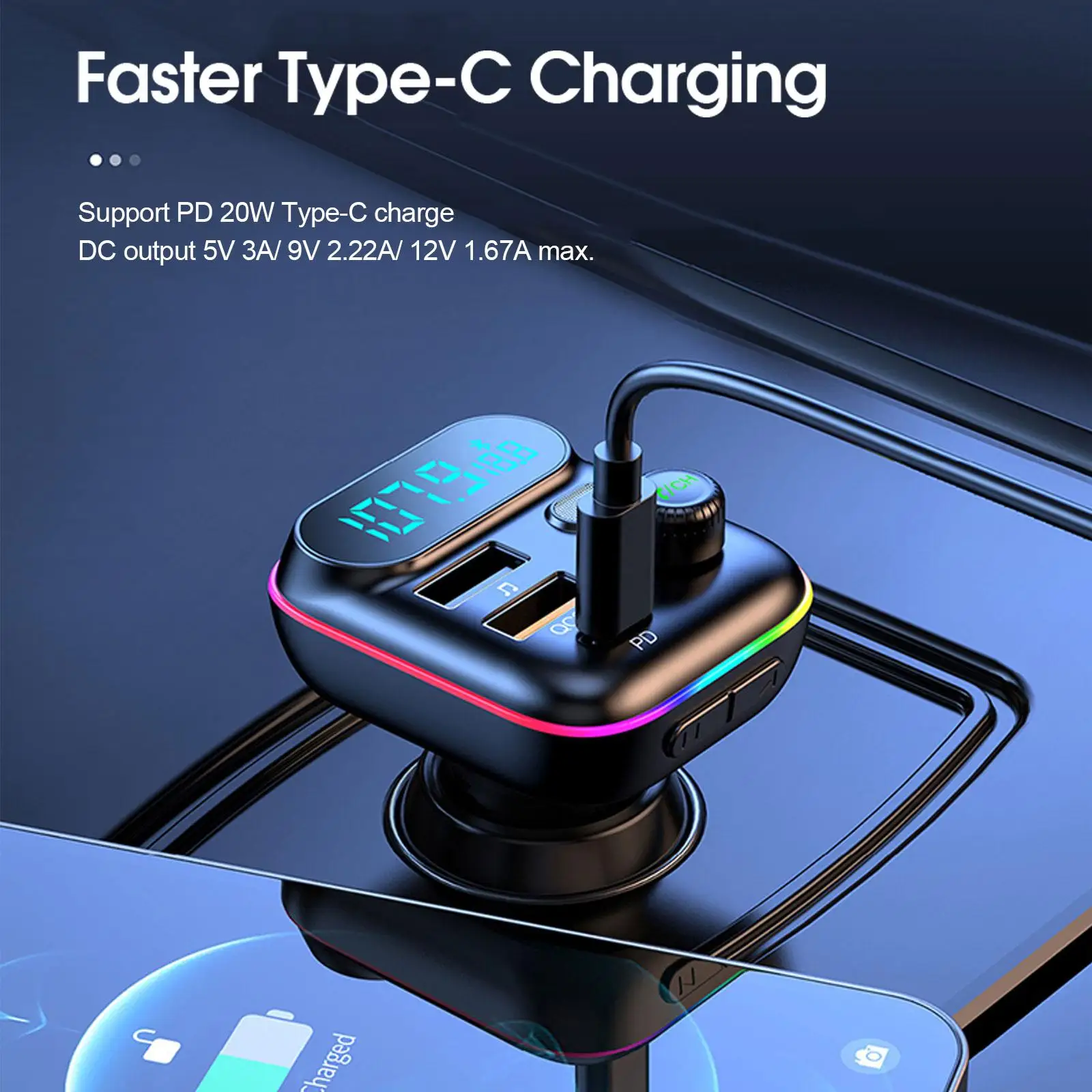 FM Transmitter Car Fast Charge Bluetooth 5.0 FM Transmitter PD Dual Player Music Type-C Colorful Ambient MP3 Light Cigarette Lighter USB