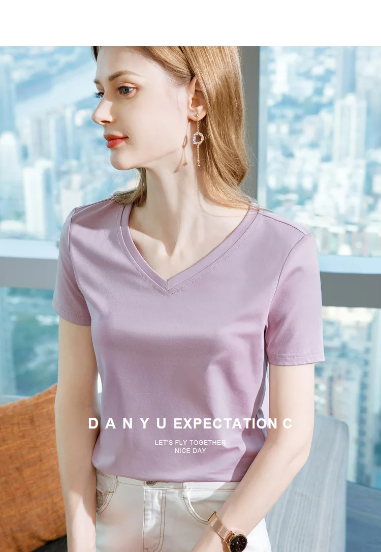 Ice Sensitive Silk Cotton V-neck Short Sleeved T-shirt for Women's Solid Round Neck Basic Commuting Elastic Oversized Top