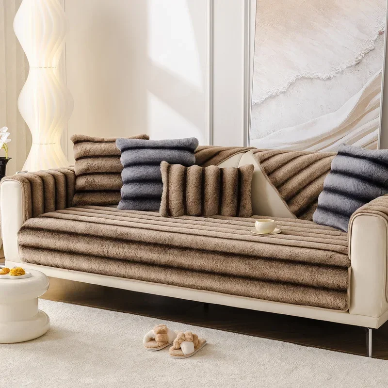 Thick Warm Super Soft Plush Non-slip Sofa Towel Modern Luxury Rabbit Plush Sectional L-shaped Sofa Cover Universal Couch Covers 2