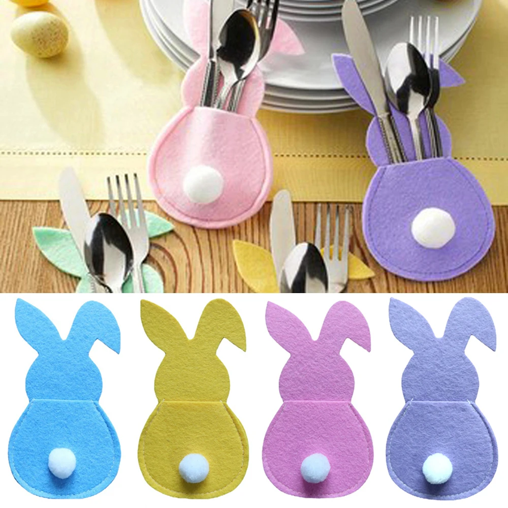 

4Pcs/set Easter Bunny Felt Cutlery Holder Bag Easter Decorations For Home Tableware Accessories Rabbit Cutlery Cover Bag