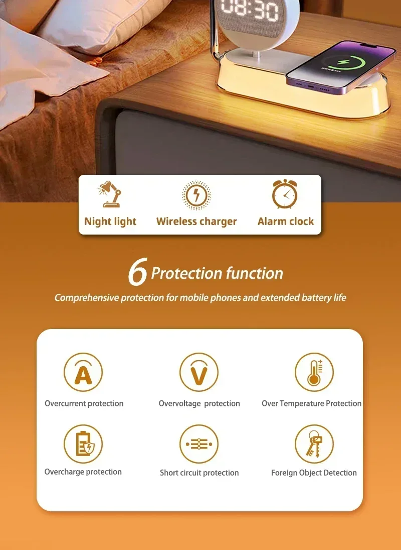 Description Picture 3 of itemLED Night Light 3 Lights 360° Rotate Clock Alarm Clock Desktop Mobile Phone Wireless Charger for Bedroom Smart Phones Room Decor