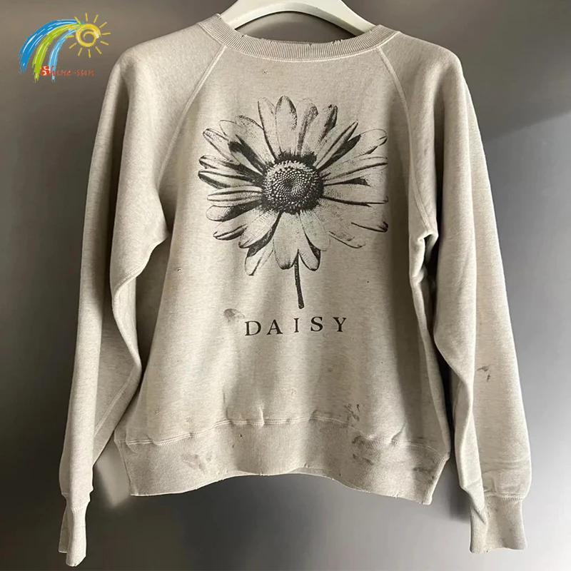 

Vintage Washed Heather Grey Saint Michael Sweatshirts Men Women High Quality Daisy Printing Loose Pullovers Crewneck