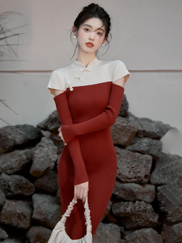 

Women's Dress Solid Color Pullover Lace Stitching Buckle Autumn Winter Chinese Style Cheongsam Improved High-Grade Red Slim Fit