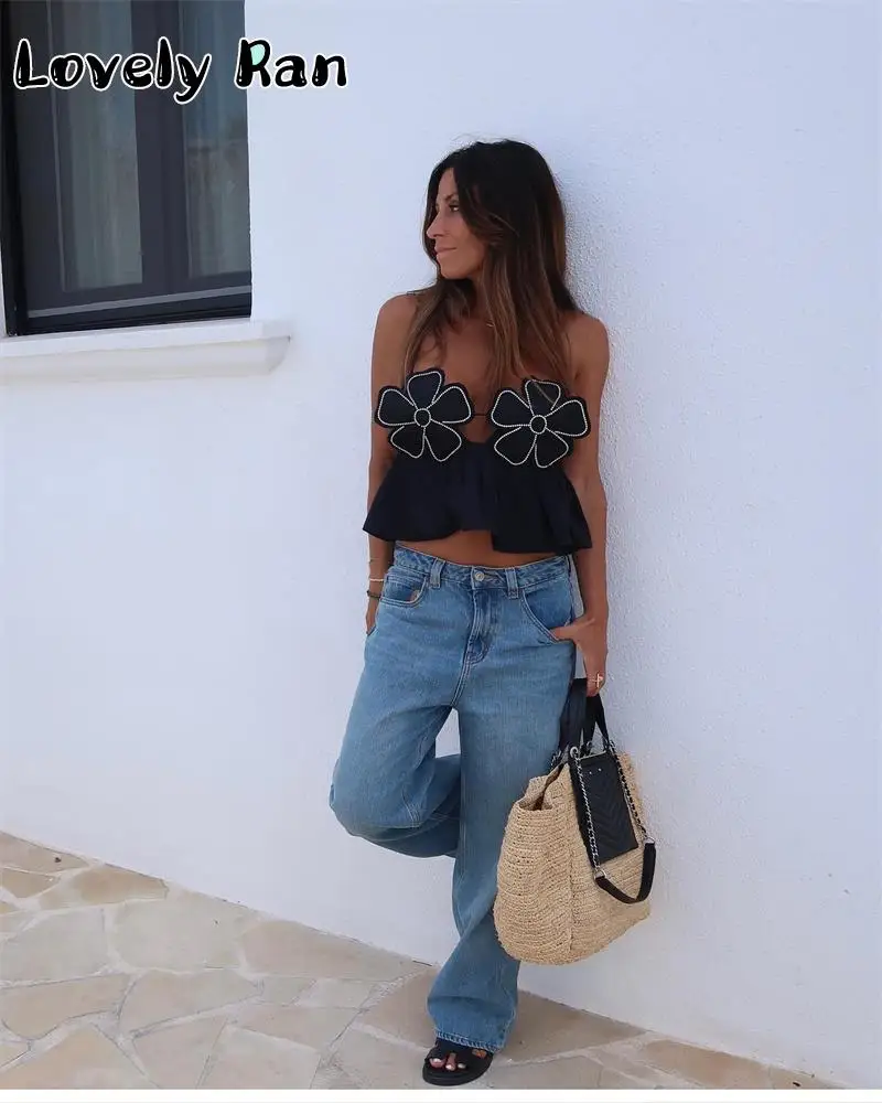 Top corto elegante con estampado floral negro a la moda para mujer, camisola Y2K con tirantes y espalda descubierta, ropa de calle elegante y sexy sin mangas para mujer