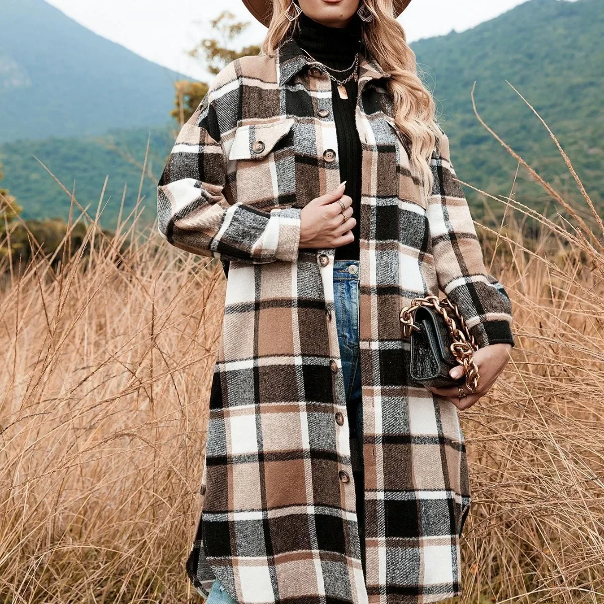 Plus Size Elegant Autumn/winter Woolen Trench Coat Side Slit Lapel Loose-fit Plaid Jacket