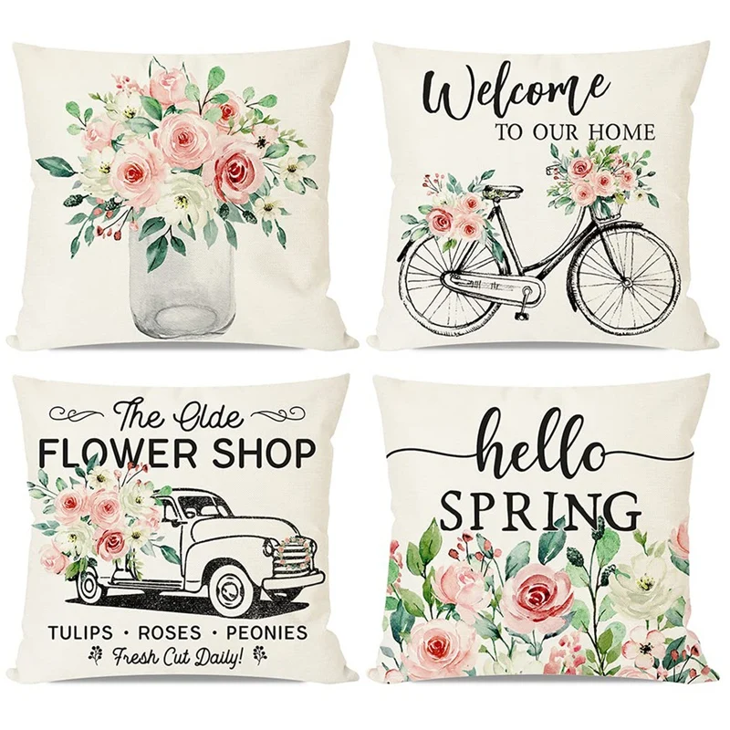 

Spring Pillow Covers 18X18 Set Of 4 Farmhouse Throw Pillows Cases Cushion Covers For Home Outdoor Spring Decorations