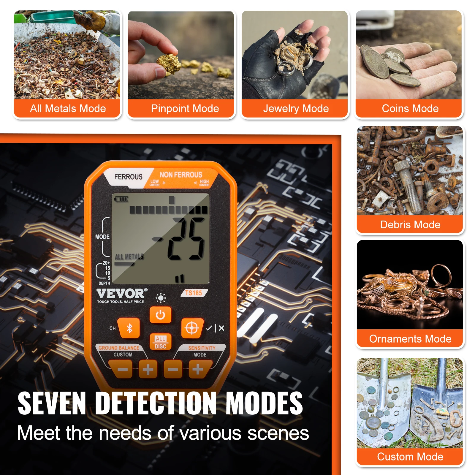 VEVOR Metal Detector 12" Coil Rechargeable Gold Detector 39-50in Adjustable W/7 Modes DSP Chip IP68 for Detecting Gold Treasure 5