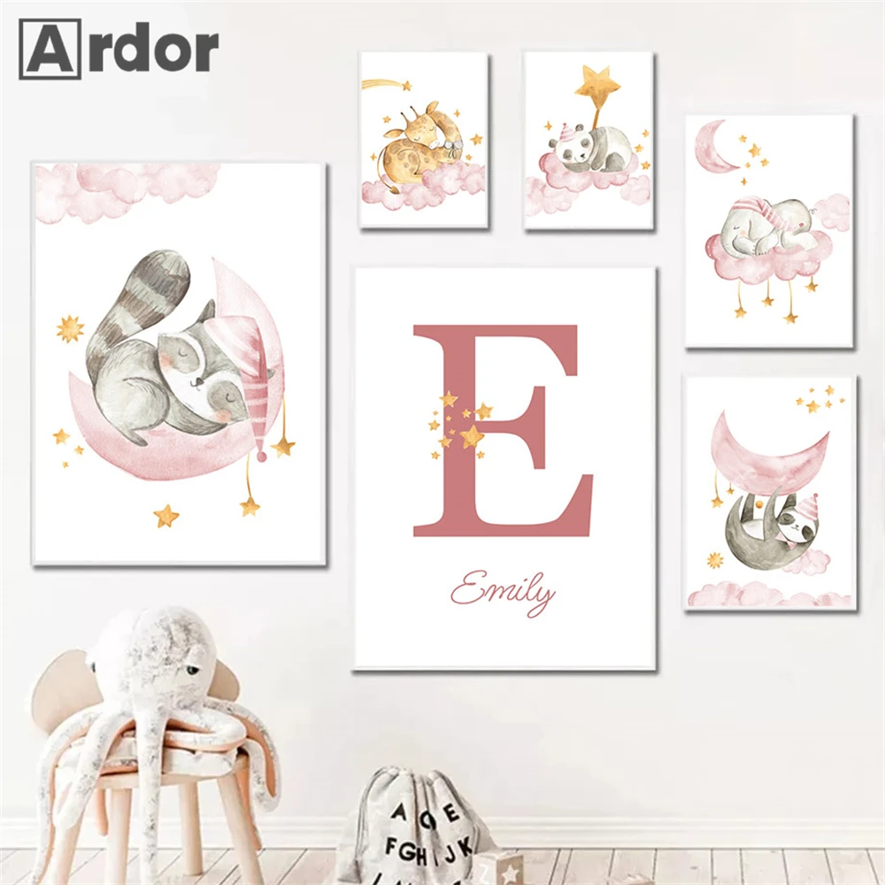 

Pink Cloud Moon Canvas Poster Custom Name Wall Art Print Elephant Giraffe Panda Painting Nursery Wall Pictures Girls Room Decor