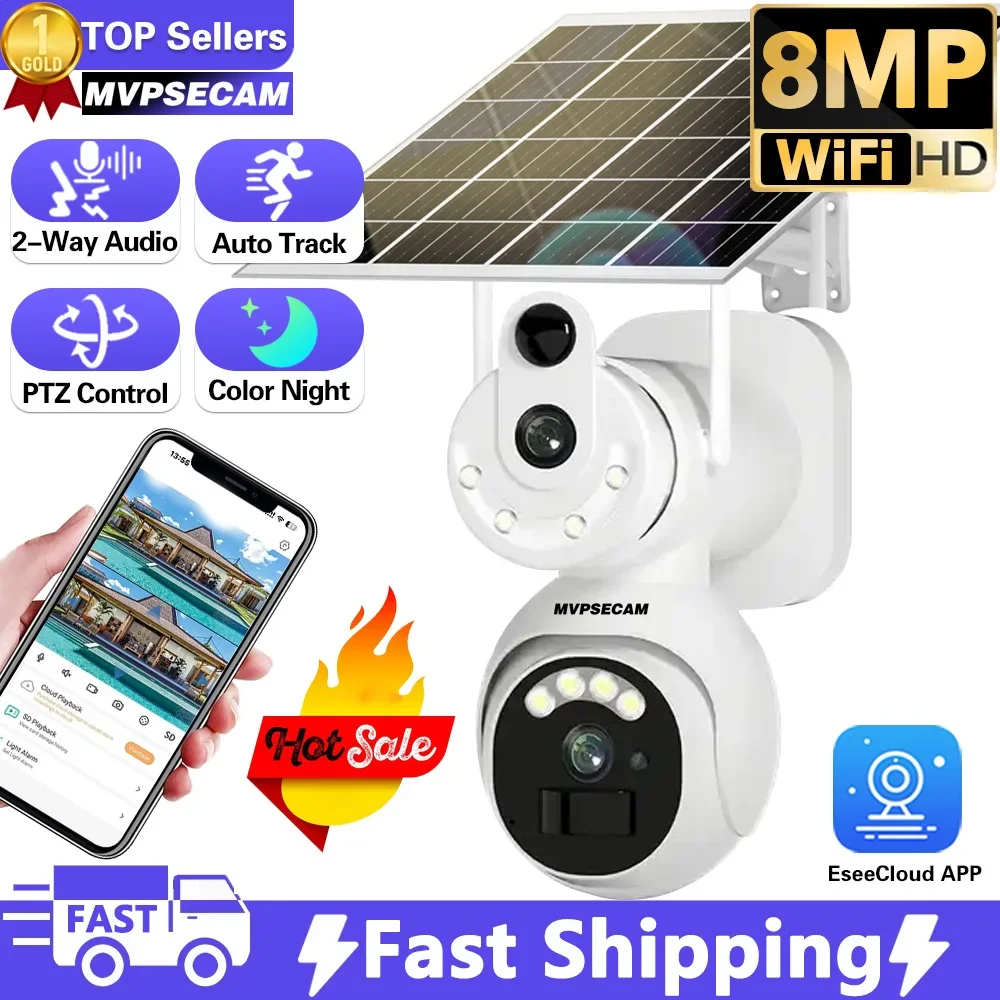 8Mp Uhd Dual Screen Solar Wifi Camera 4K Outdoor Dual Lens Full Color Pir Detection Human Auto Tracking Telecamera Di Sicurezza Solare