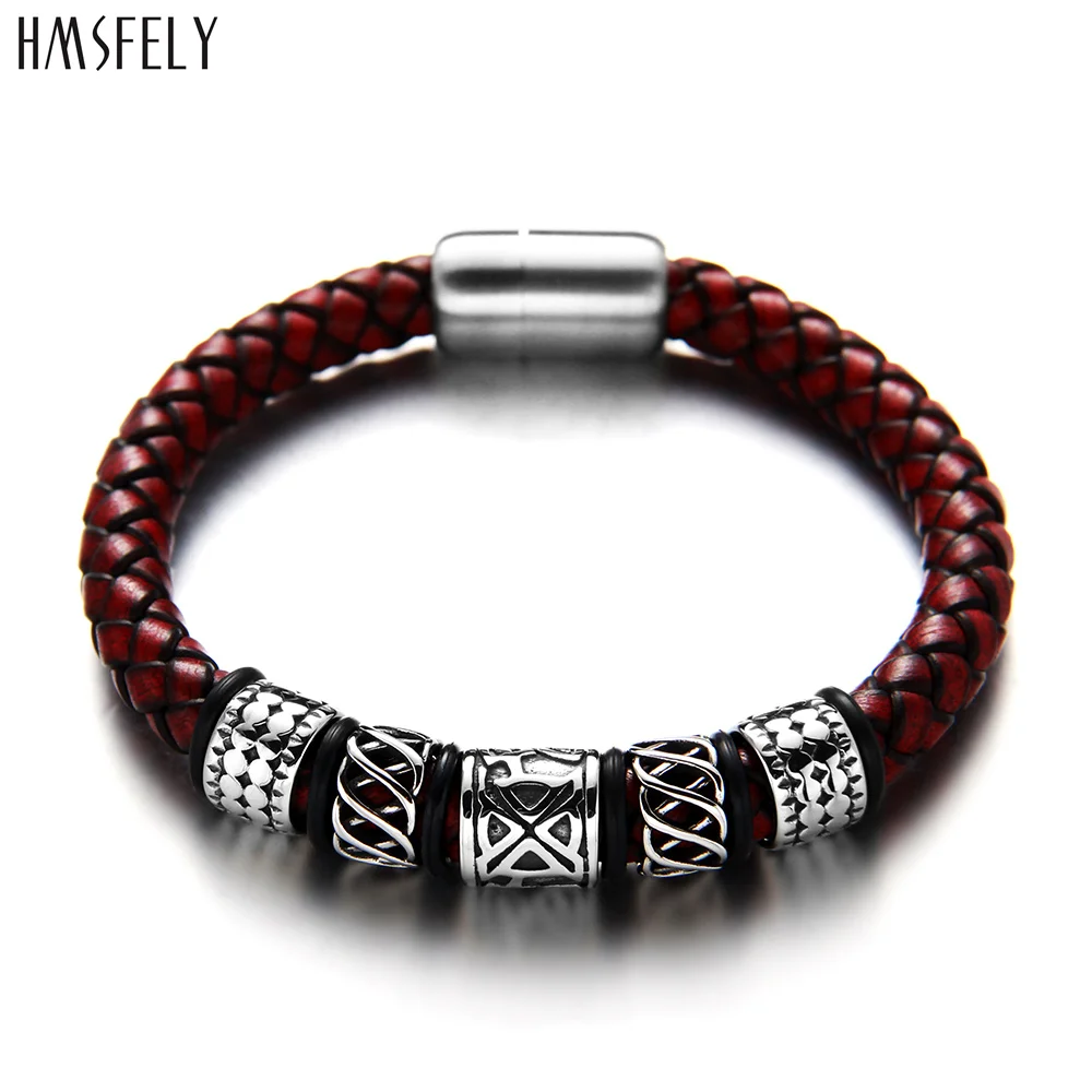 

HMSFELY Men Fashion Leather Bracelet Stainless Steel Viking Beads Charm Bracelets Bangles Jewelry For Men Magnet Clasp Bracelet